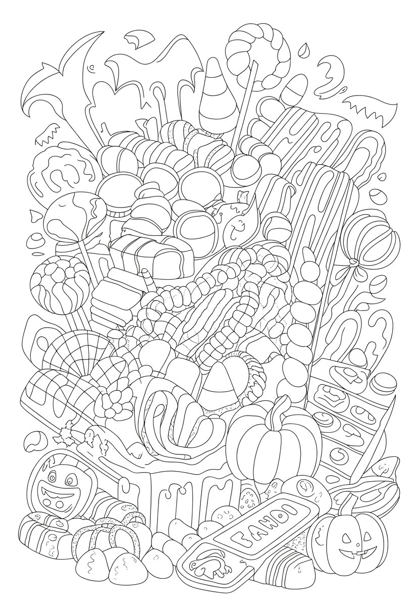 Halloween Coloring Pages Printable Featuring Classic Icons and Spooky Fun for All Ages 20 An assortment of Halloween candies including candy corn, wrapped chocolates, lollipops, gummy worms, caramel apples, candy pumpkins, and candy bars, surrounded by small spider webs, bats, and pumpkin shapes.